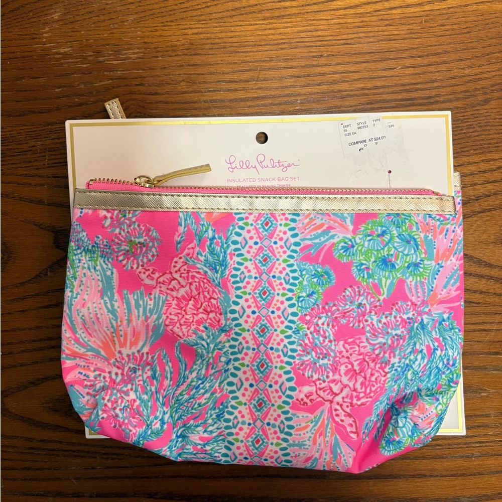 Lilly Pulitzer Pink and Blue Insulated Snack Bag Set in Seaing Things NWT